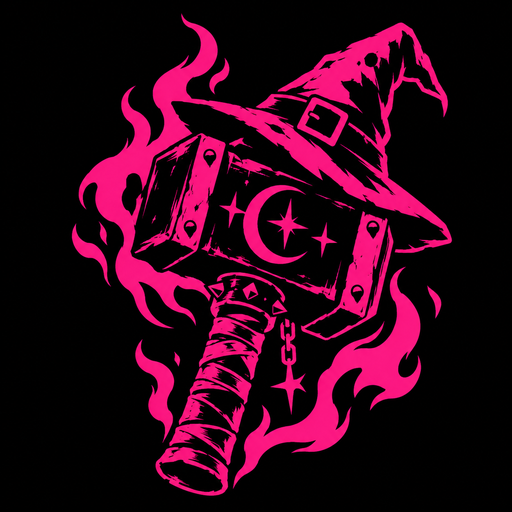 A flaming hammer wearing a witch's hat